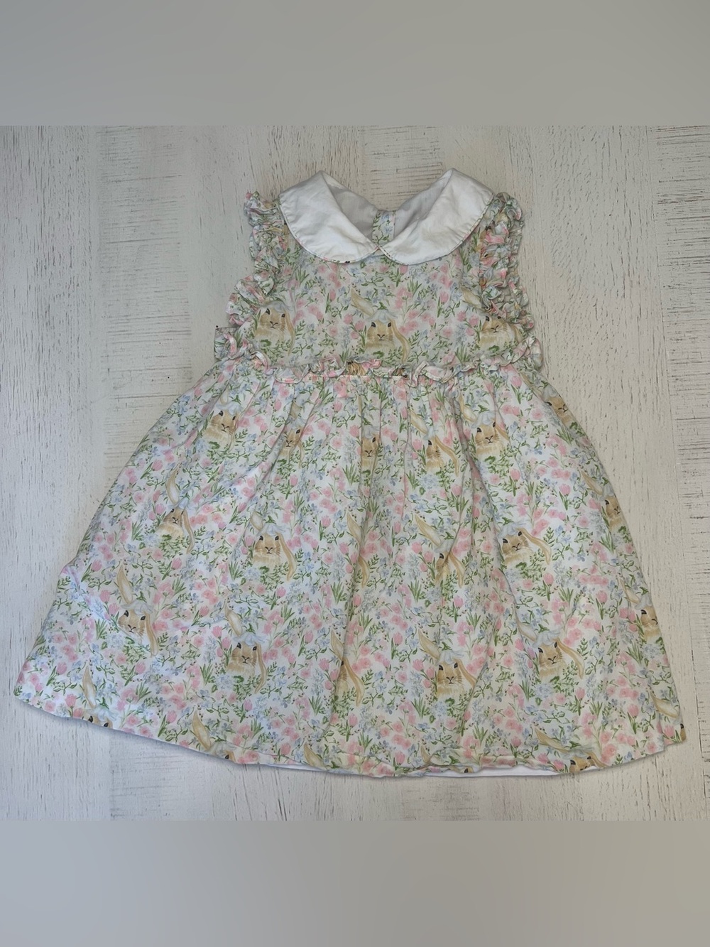 Edgehill Collection White Bunny Sleeveless Dress with Pastel Floral